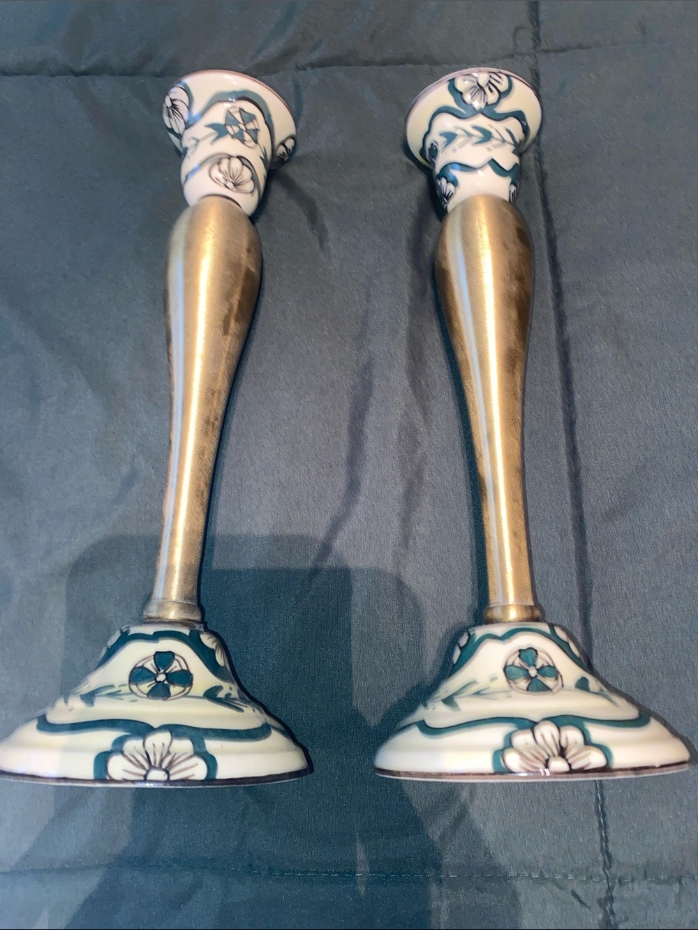 Brass and White Floral Ceramic Candlestick Pair